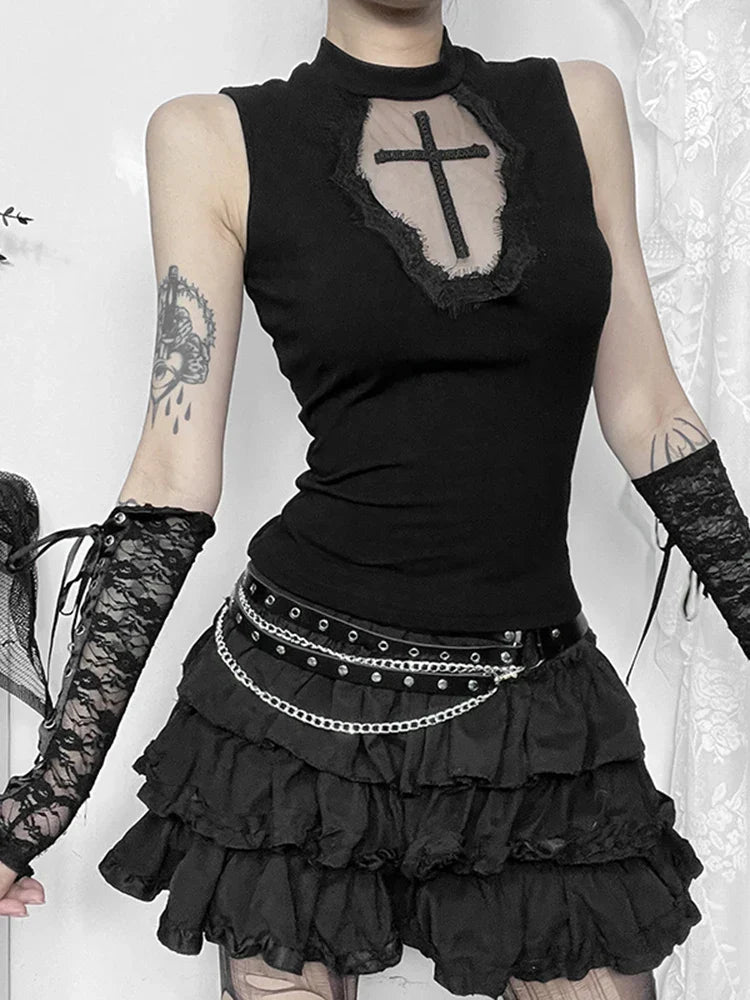 Gothic Dark Cross Mesh See Through Grunge Alternative Crop Top