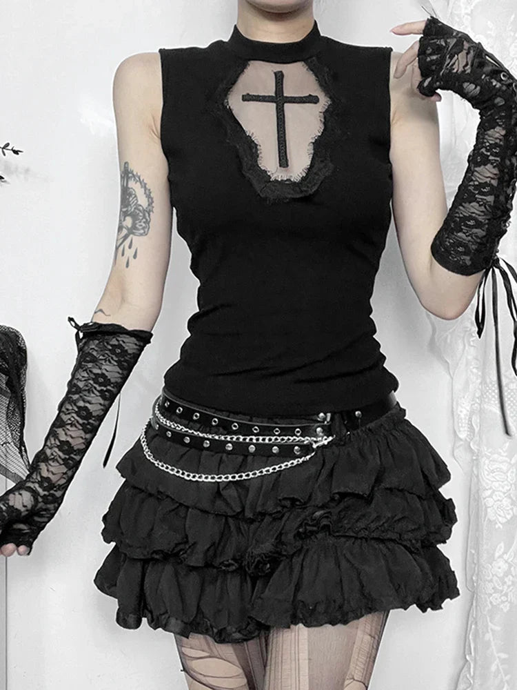 Gothic Dark Cross Mesh See Through Grunge Alternative Crop Top