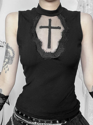 Gothic Dark Cross Mesh See Through Grunge Alternative Crop Top