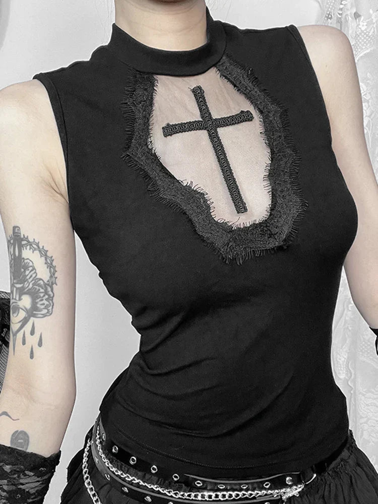 Gothic Dark Cross Mesh See Through Grunge Alternative Crop Top