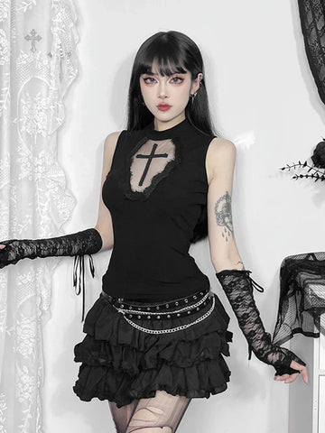 Gothic Dark Cross Mesh See Through Grunge Alternative Crop Top