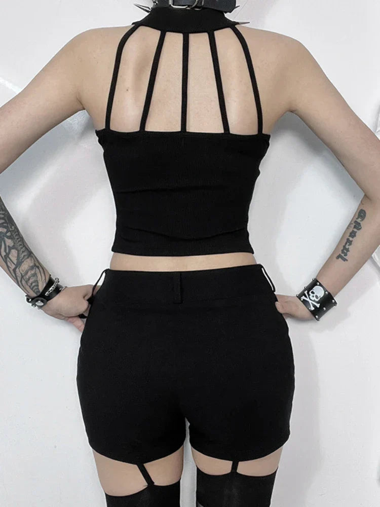 Streetwear Punk Dark Black Grunge Cross Cyber Alt Gothic Patchwork Crop Top