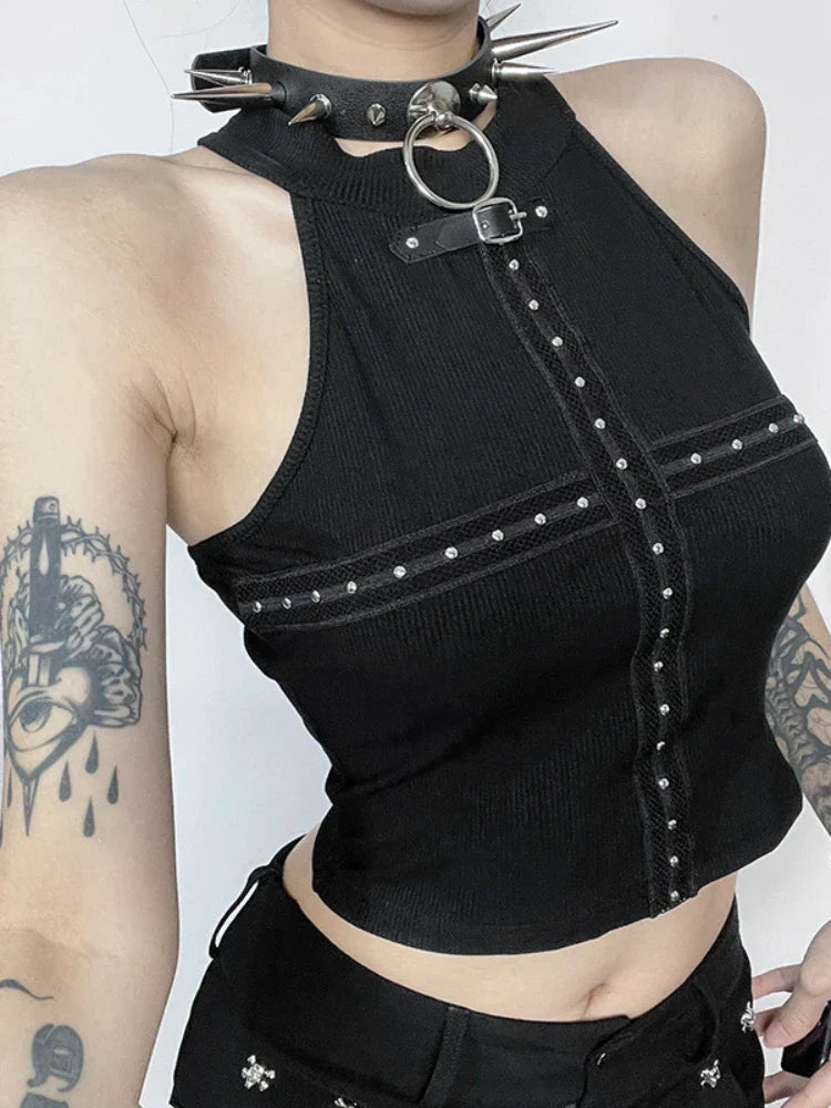 Streetwear Punk Dark Black Grunge Cross Cyber Alt Gothic Patchwork Crop Top