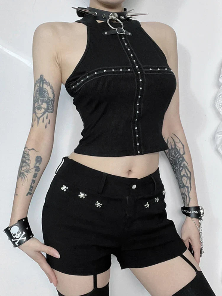 Streetwear Punk Dark Black Grunge Cross Cyber Alt Gothic Patchwork Crop Top