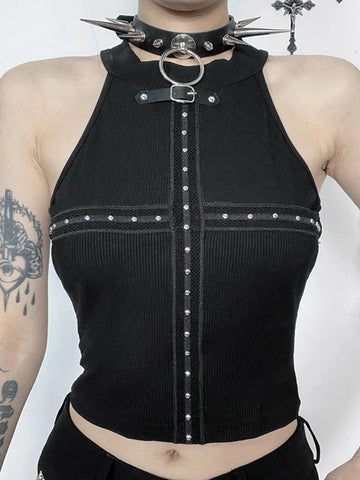 Streetwear Punk Dark Black Grunge Cross Cyber Alt Gothic Patchwork Crop Top