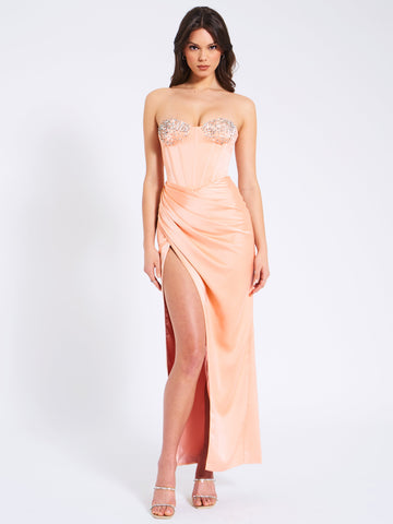 Amelia Blush Satin Corset Graceful Slit Gown With Crystal Embellished