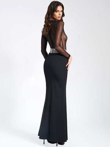 Aggie Black Sheer Maxi Graceful Dress With Crystal Waist Trim