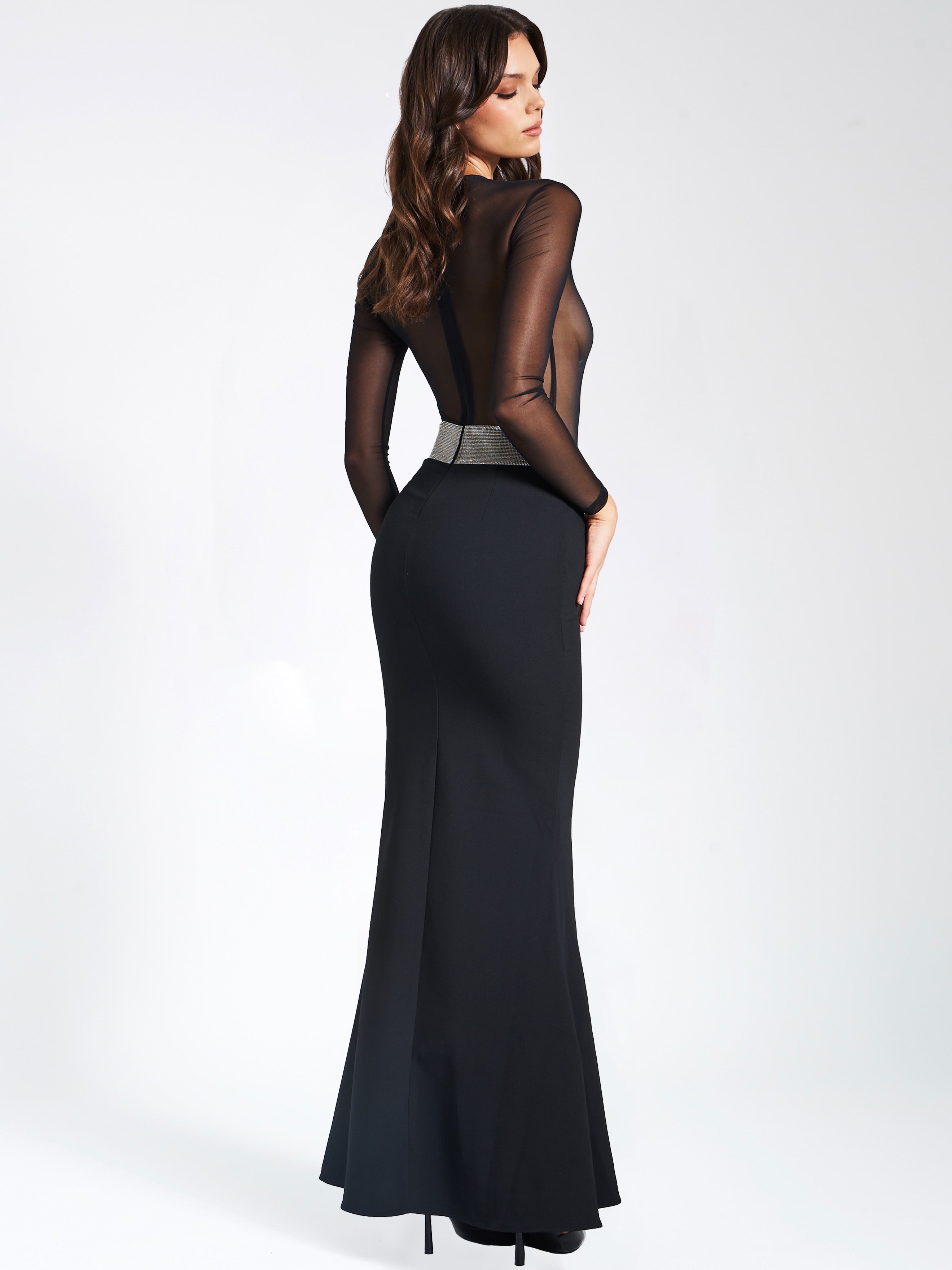 Aggie Black Sheer Maxi Graceful Dress With Crystal Waist Trim