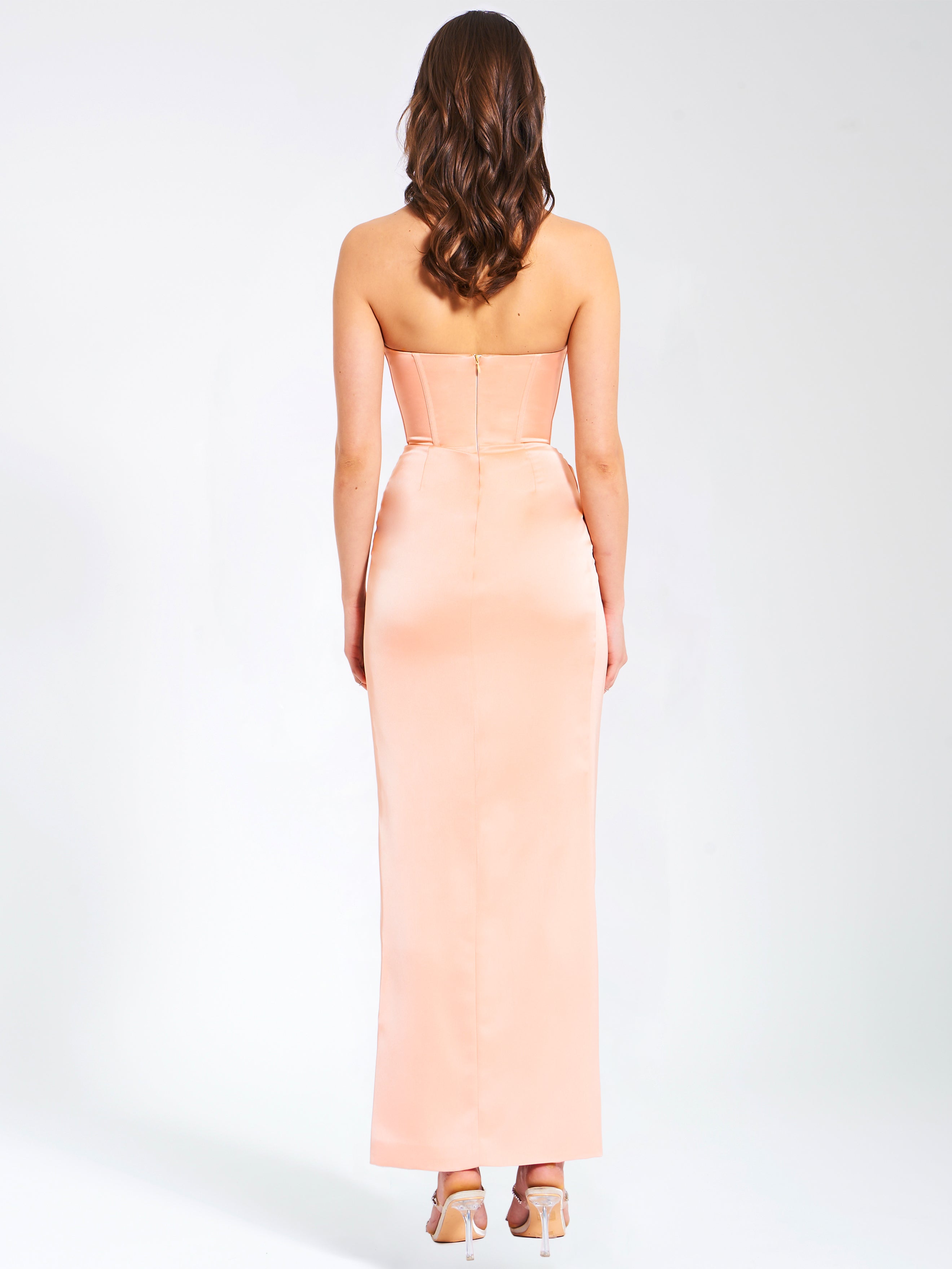 Amelia Blush Satin Corset Graceful Slit Gown With Crystal Embellished