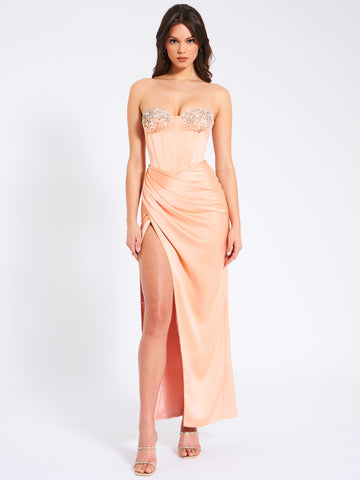 Amelia Blush Satin Corset Graceful Slit Gown With Crystal Embellished