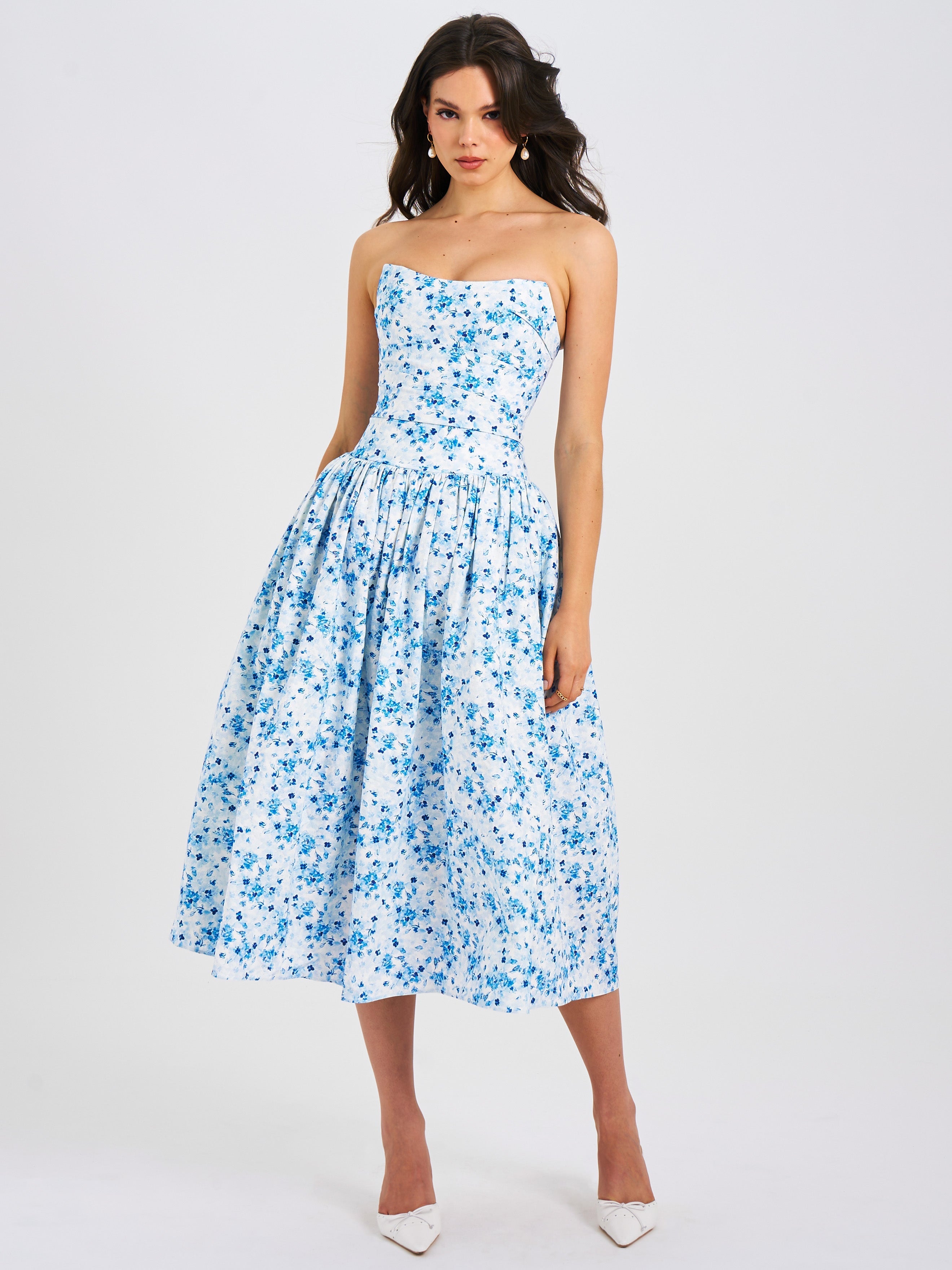 Paloma Blue Print Linen Graceful Corset Draping Top Midi Dress