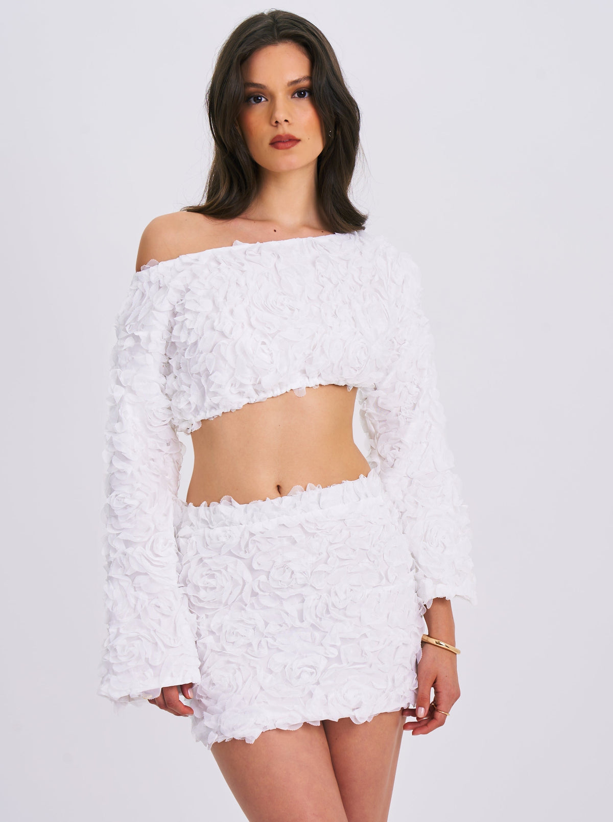 Qiana White Floral AppliquèŒ?Long Trendy Sleeve Off Shoulder Crop Top