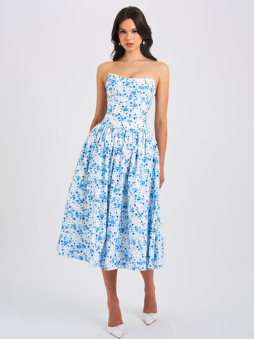 Paloma Blue Print Linen Graceful Corset Draping Top Midi Dress