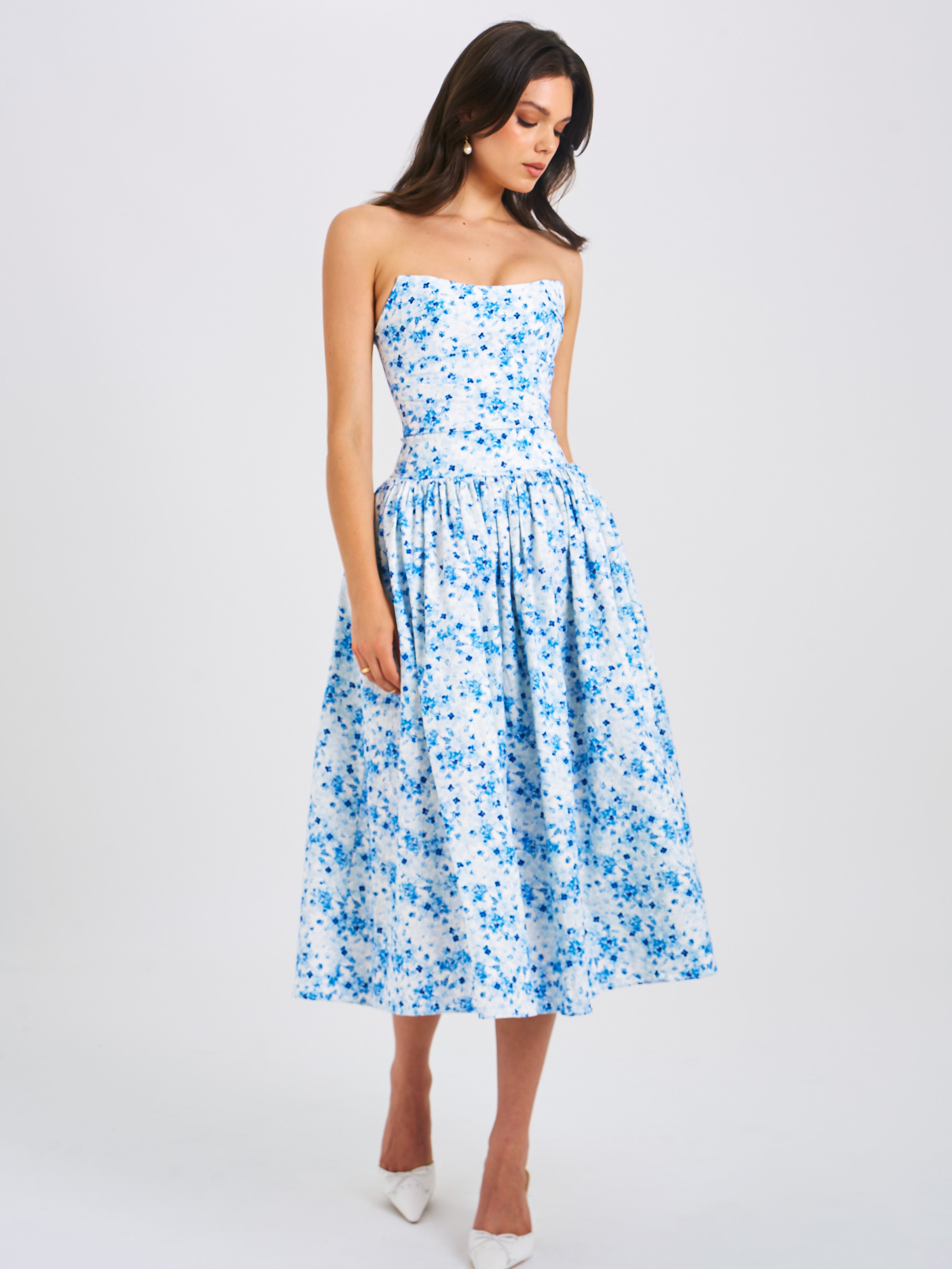 Paloma Blue Print Linen Graceful Corset Draping Top Midi Dress