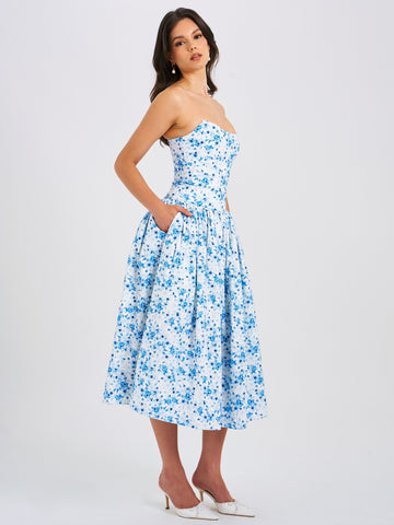 Paloma Blue Print Linen Graceful Corset Draping Top Midi Dress