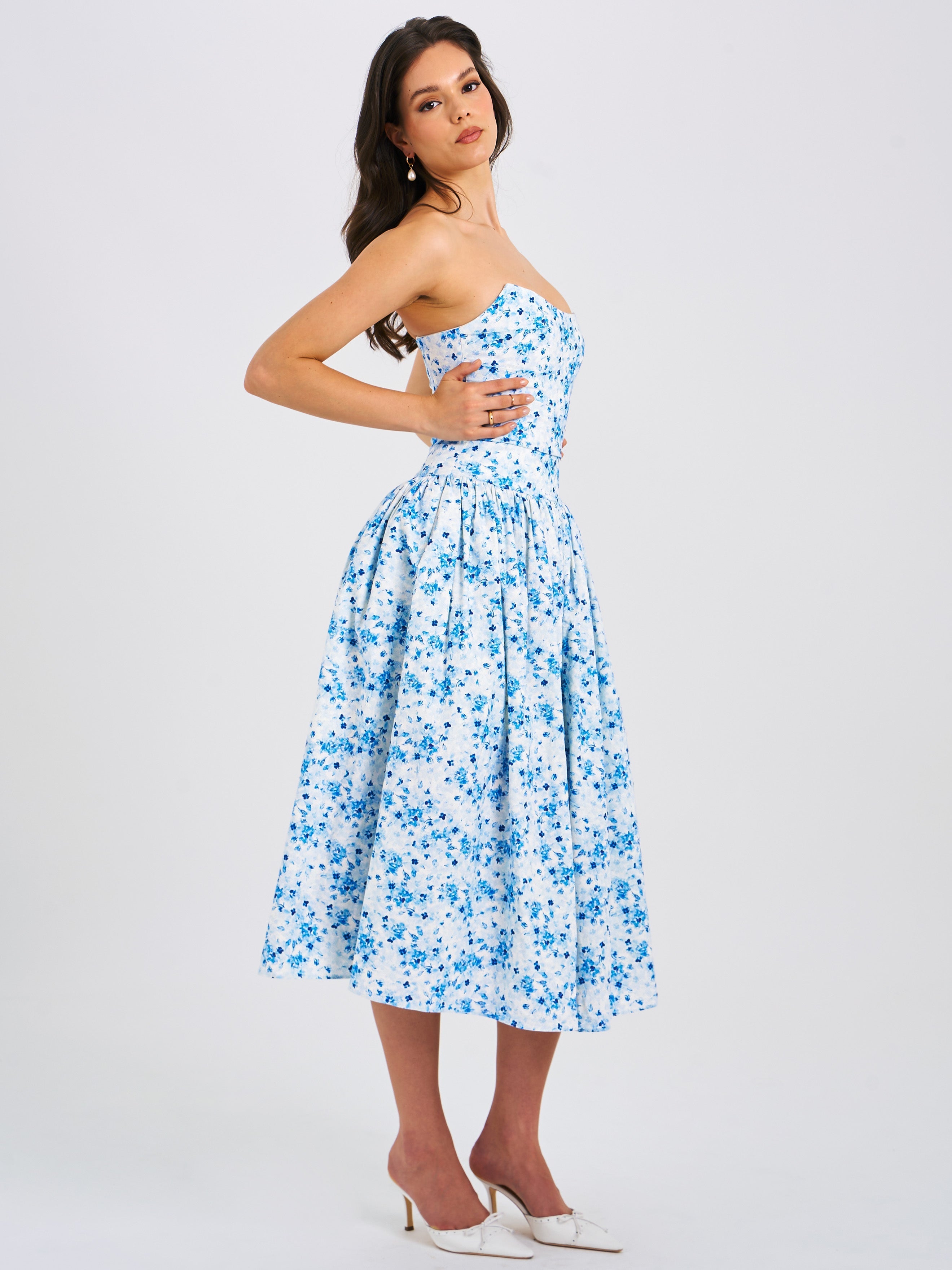 Paloma Blue Print Linen Graceful Corset Draping Top Midi Dress