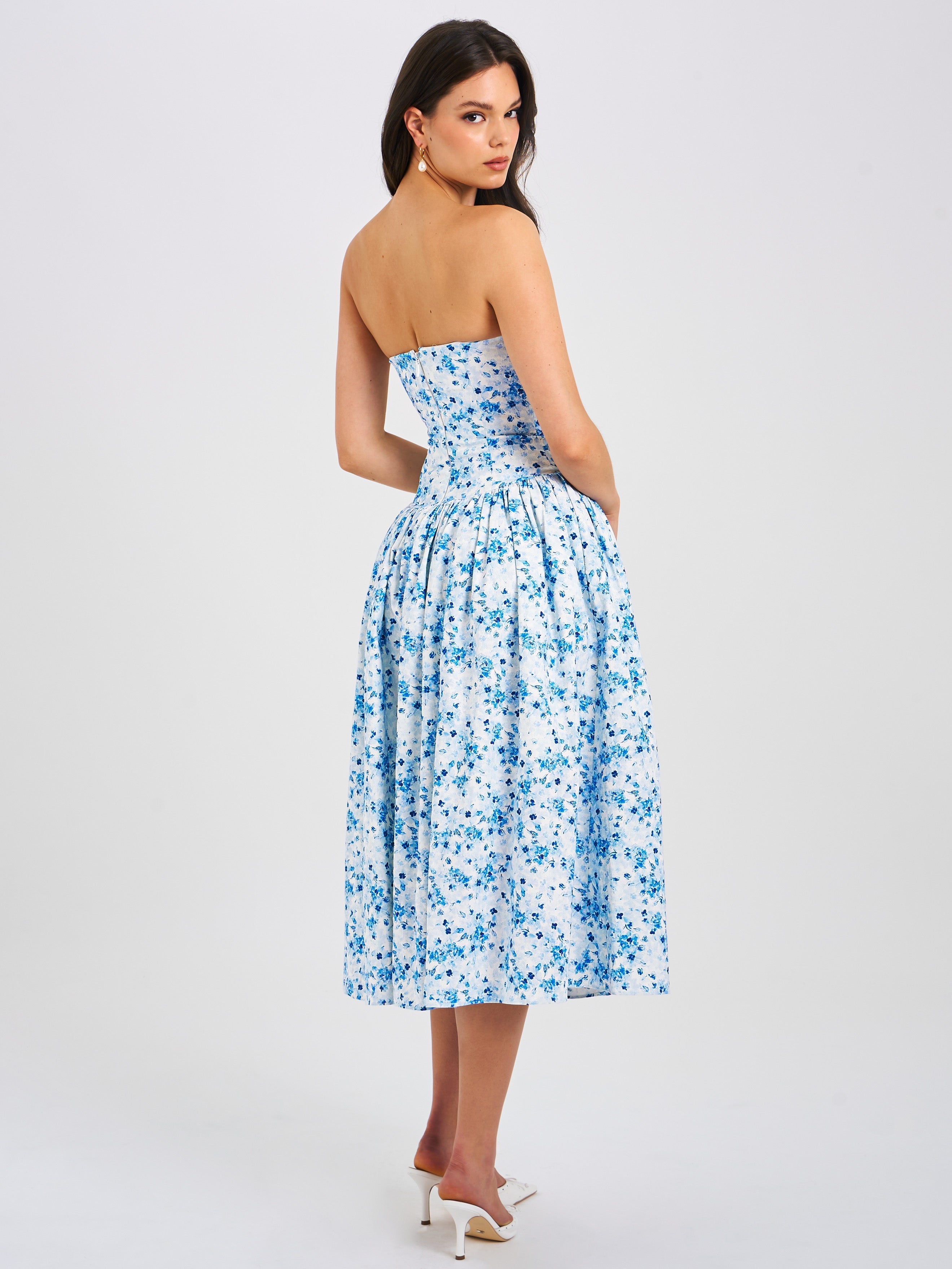 Paloma Blue Print Linen Graceful Corset Draping Top Midi Dress