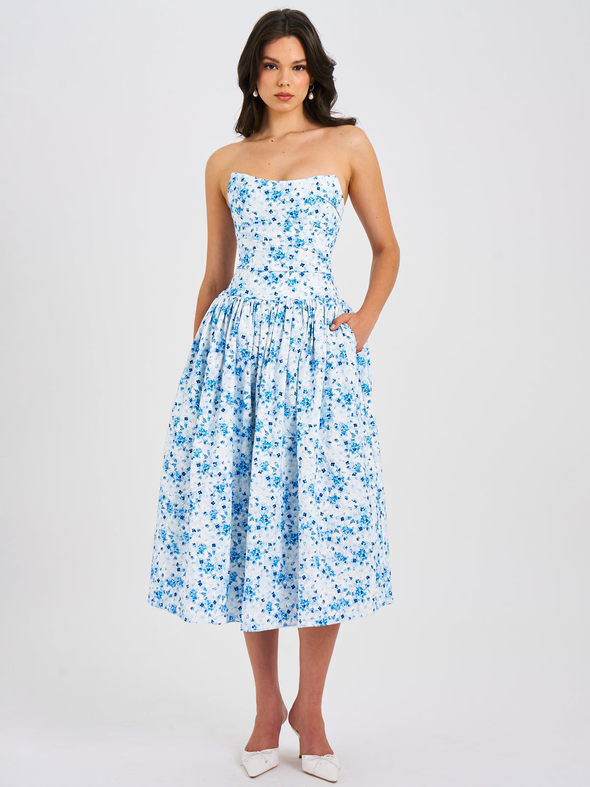 Paloma Blue Print Linen Graceful Corset Draping Top Midi Dress