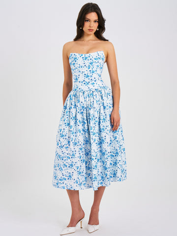 Paloma Blue Print Linen Graceful Corset Draping Top Midi Dress