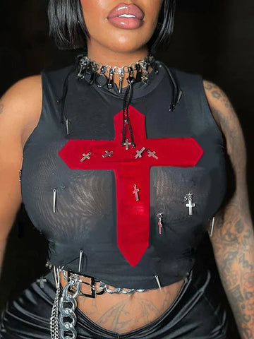 Gothic Through See Sexy Mesh Crosses Metal Crop Top