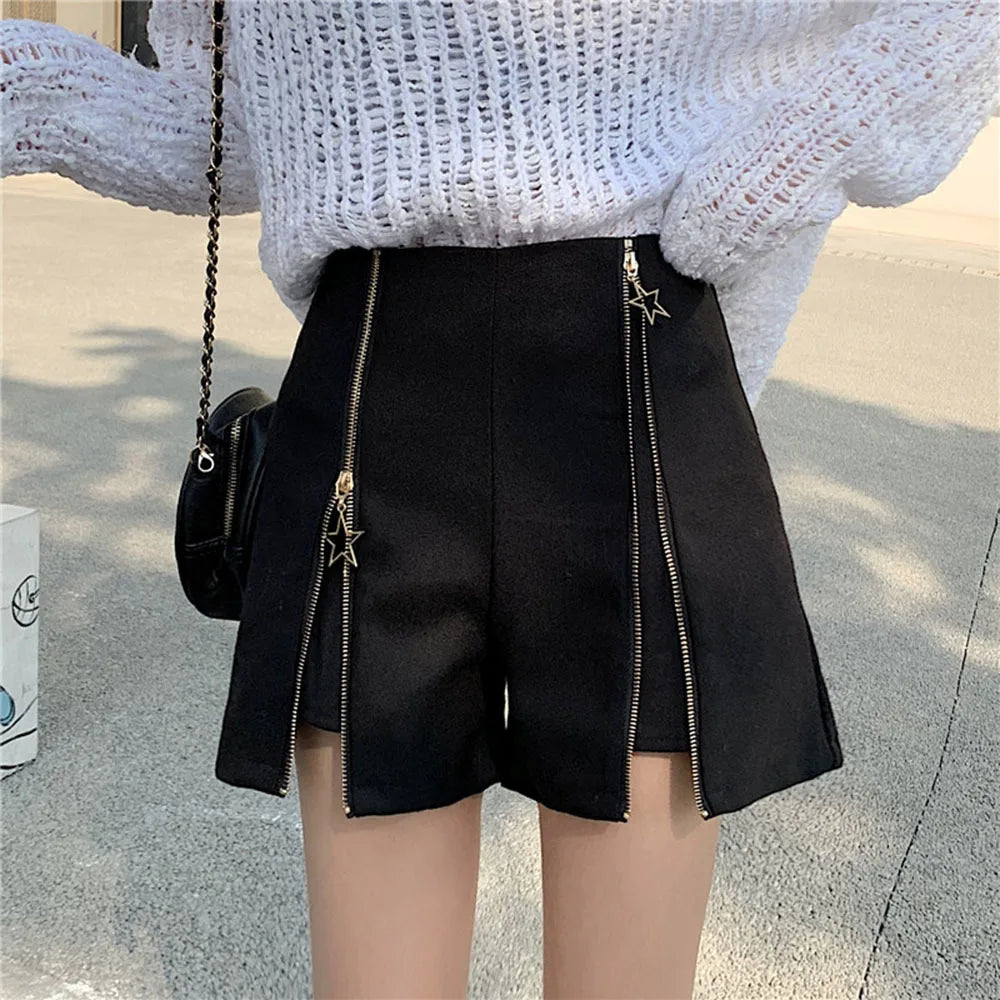 Autumn Winter Slim Faux Wool Star Zipper Shorts