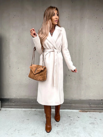 Autumn Winter V-neck Button Warm Long Women Coat with Belt Overcoats