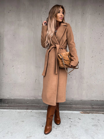 Autumn Winter V-neck Button Warm Long Women Coat with Belt Overcoats