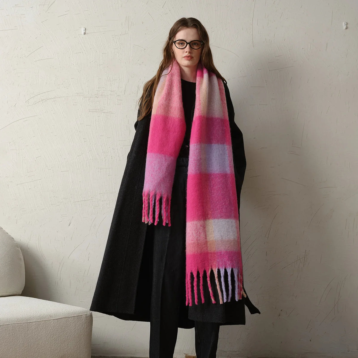 Autumn Winter Warm Thick Long Plaid Coarse Tassel Imitation Cashmere Scarf