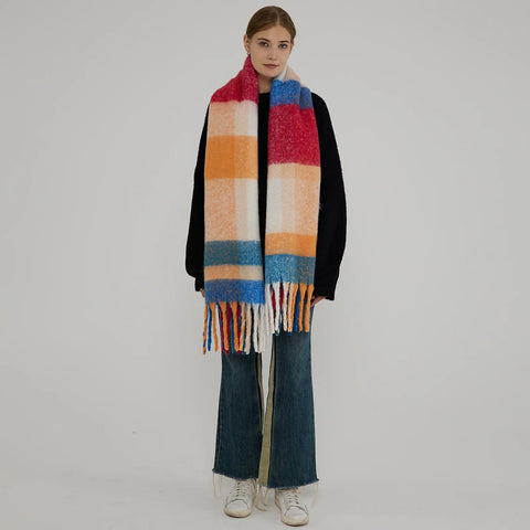 Autumn Winter Warm Thick Long Plaid Coarse Tassel Imitation Cashmere Scarf