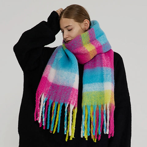 Autumn Winter Warm Thick Long Plaid Coarse Tassel Imitation Cashmere Scarf