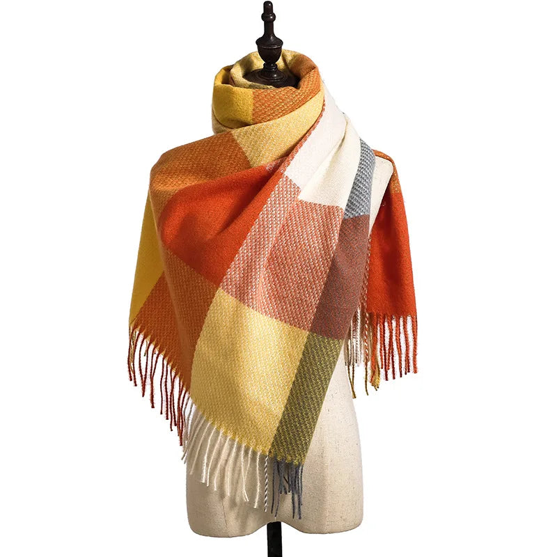 Autumn Winter Striped Plaid Elegant Lady Style New Cashmere Tassel Luxury Scarf