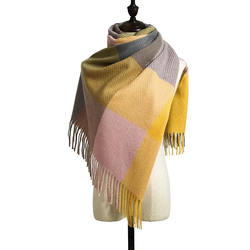 Autumn Winter Striped Plaid Elegant Lady Style New Cashmere Tassel Luxury Scarf