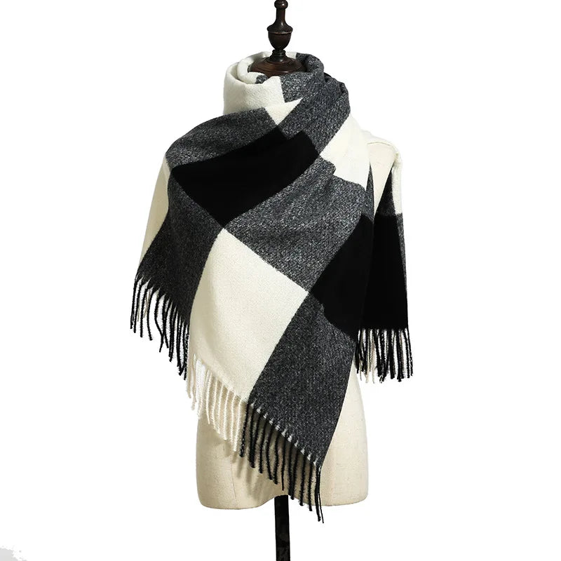 Autumn Winter Striped Plaid Elegant Lady Style New Cashmere Tassel Luxury Scarf