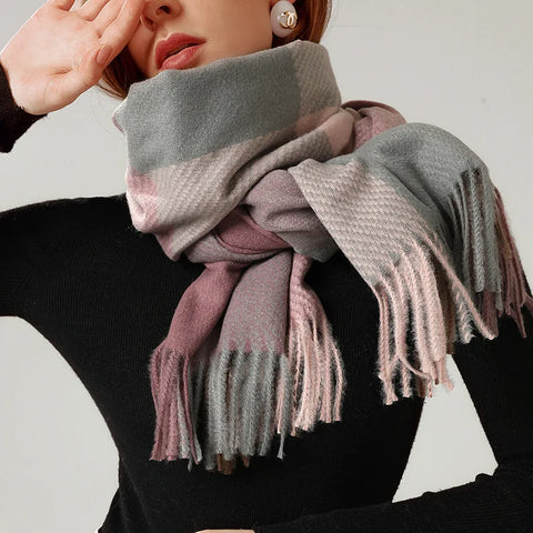 Autumn Winter Striped Plaid Elegant Lady Style New Cashmere Tassel Luxury Scarf