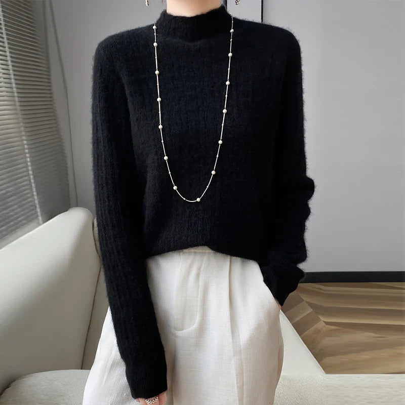 Autumn Winter Ladies' New Beautiful Slave Pure Wool Semi-High Collar Solid Color Sweater