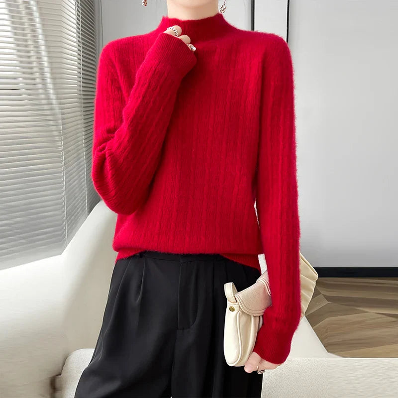 Autumn Winter Ladies' New Beautiful Slave Pure Wool Semi-High Collar Solid Color Sweater