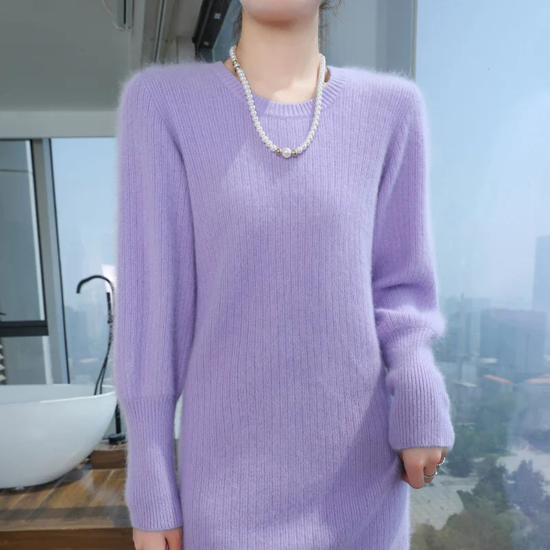 Autumn Winter New Women's Mink Cashmere Crewneck Knitted Skirt Fashion Stripes Warm Sweater