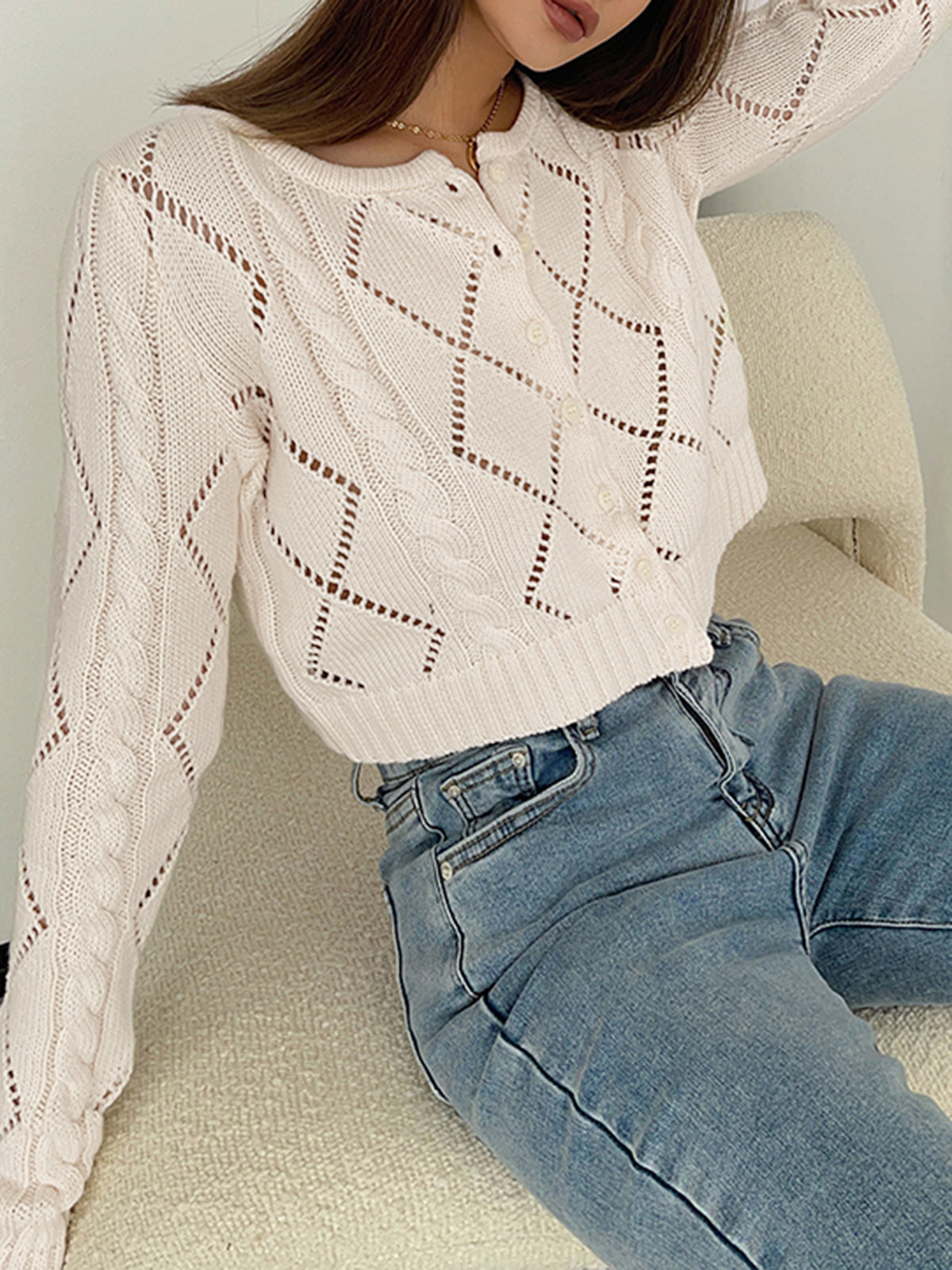 Diamonds Eyelet Button Trendy Up Knit Top