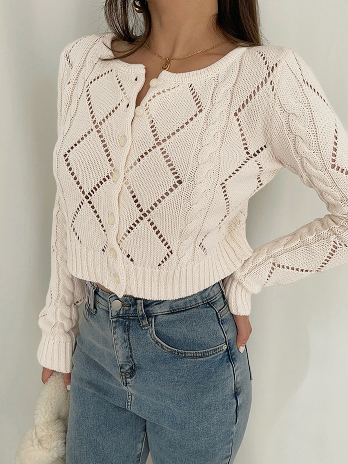 Diamonds Eyelet Button Trendy Up Knit Top