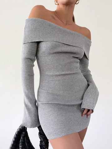 Solid Off Shoulder Trendy Ribbed Short Dress