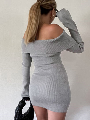 Solid Off Shoulder Trendy Ribbed Short Dress