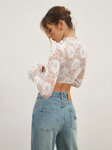 Rose Lace Mesh Trendy Mock Neck Crop Top