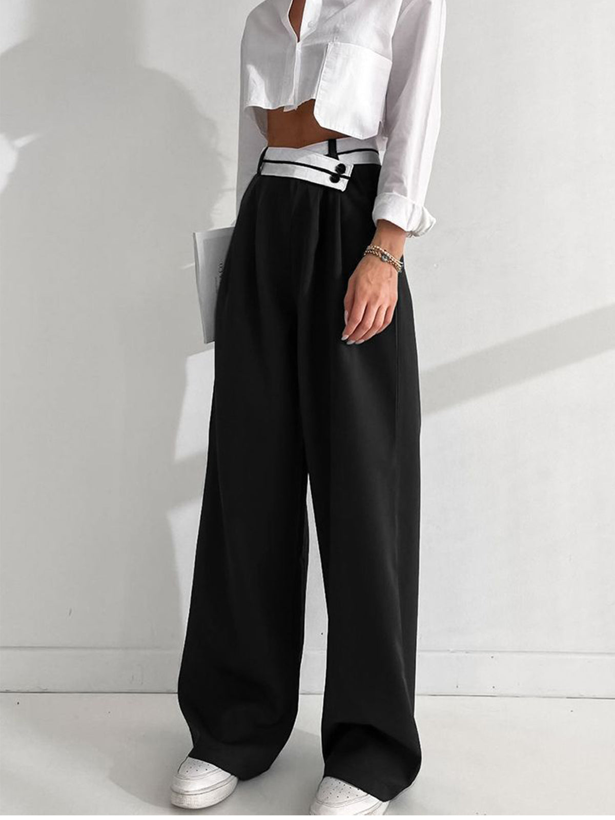 Asymmetrical Contrast Waistband Trendy Wide Leg Dress Pants