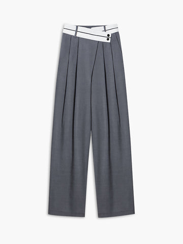 Asymmetrical Contrast Waistband Trendy Wide Leg Dress Pants