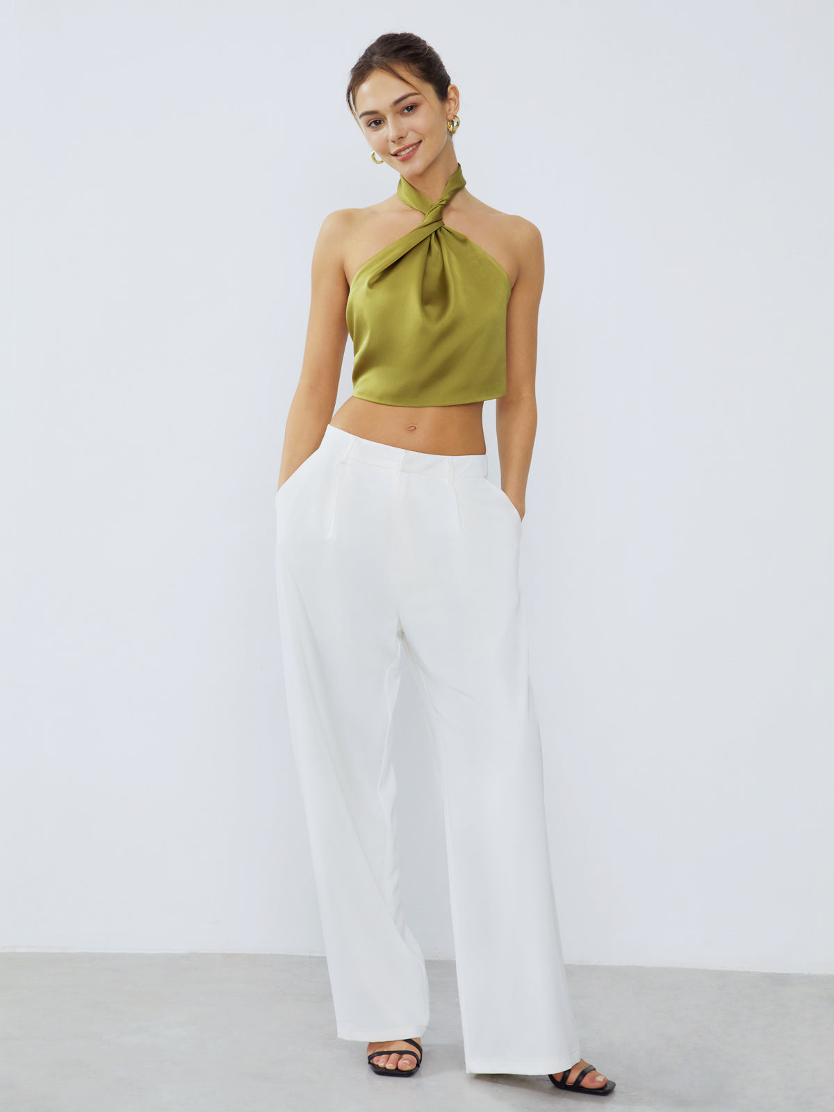 Halter Neck Twist Open Modern Back Satin Crop Top