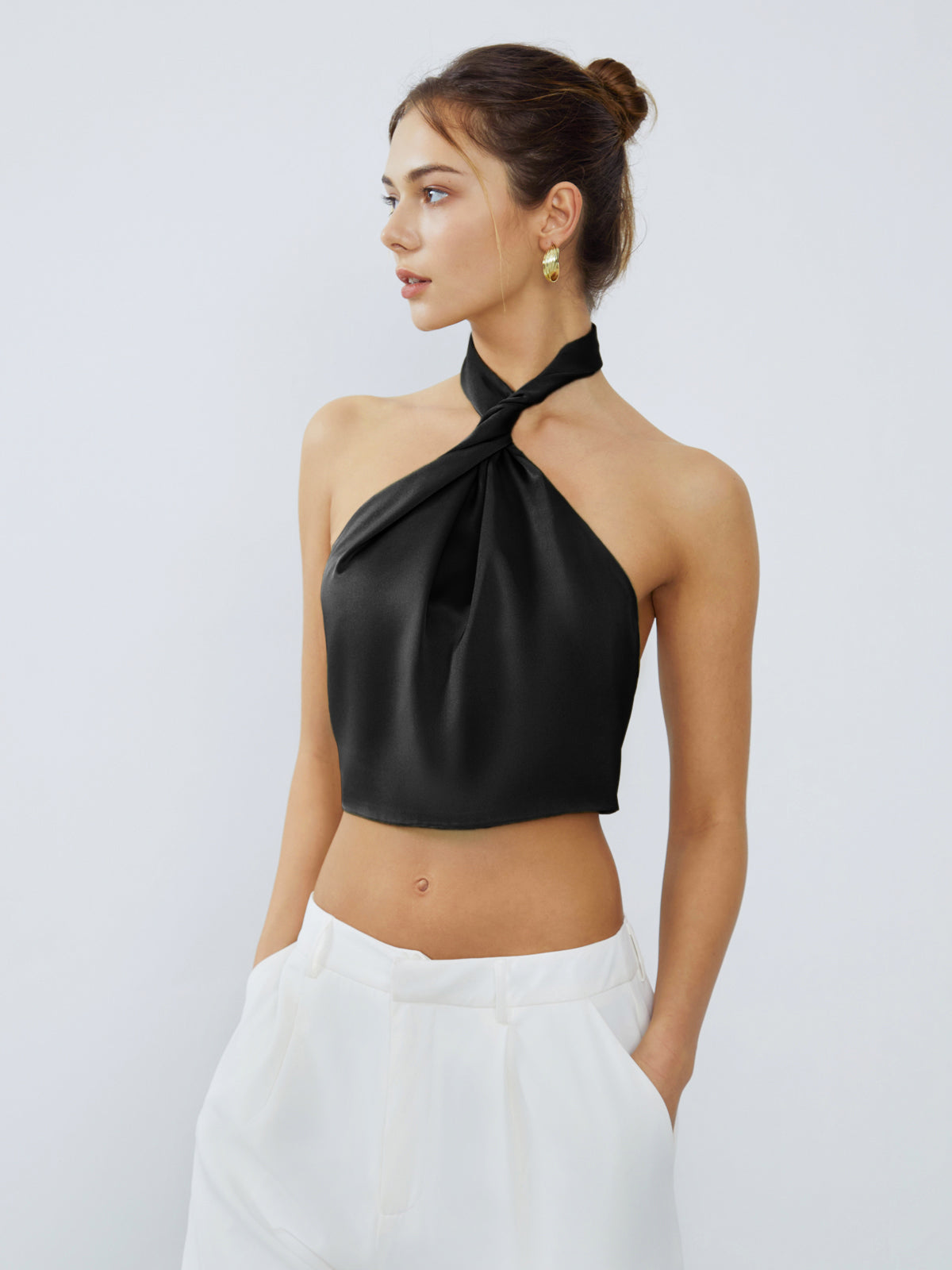 Halter Neck Twist Open Modern Back Satin Crop Top