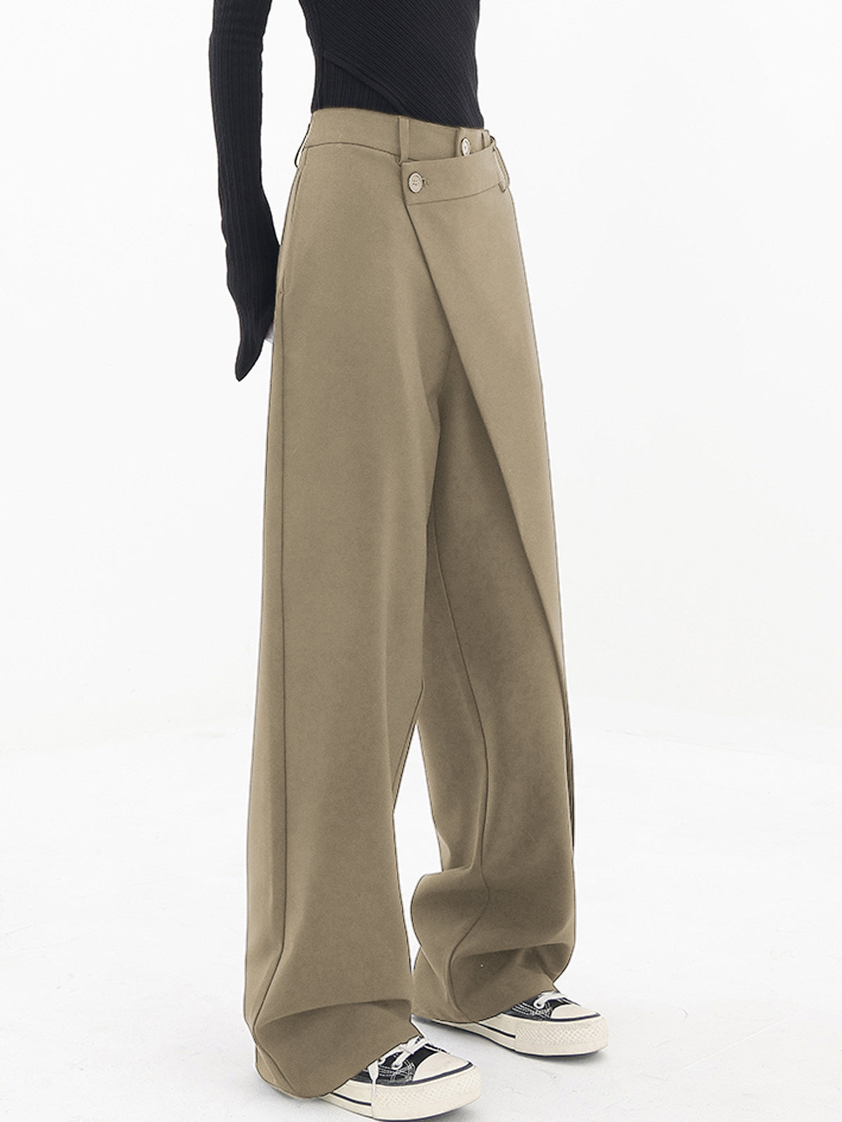 Asymmetrical Layer Button Trendy Wide Leg Dress Pants