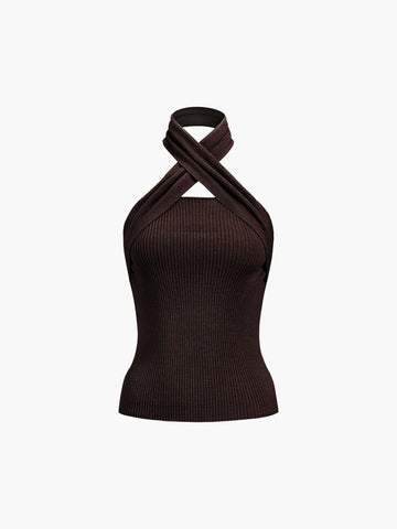 Chestnut Halter Graceful Rib Knit Top