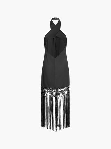 Capri Fringed Open Trendy Back Halter Midi Dress