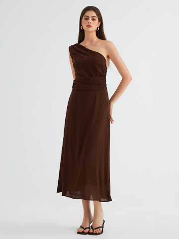 Cocoa Beans Open Back Modern One Shoulder Midi Dress